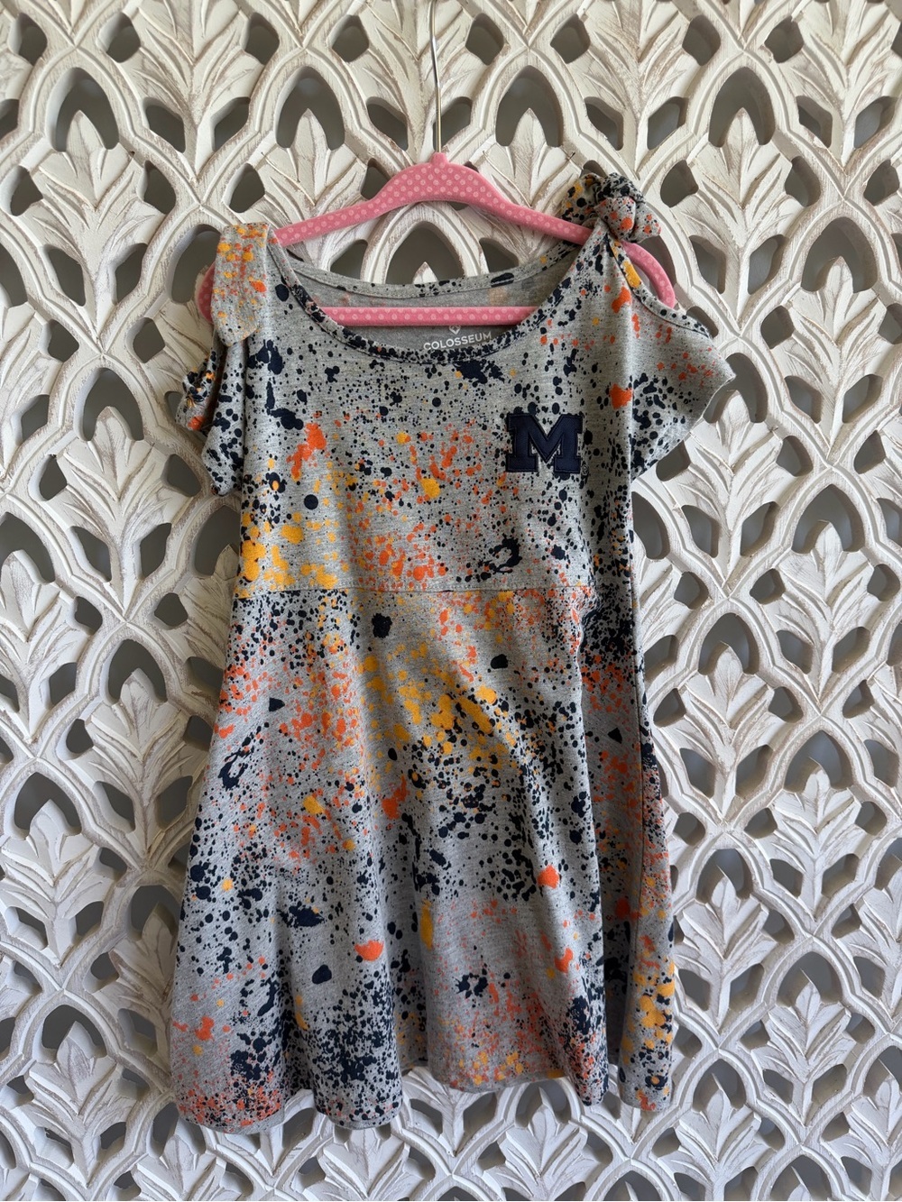 Michigan Gray Dress with Orange, Yellow & Navy Splatter